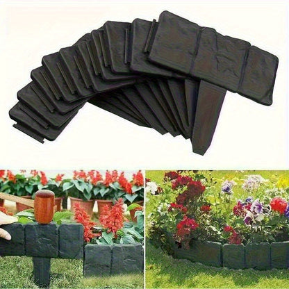 Set of 40 Interlocking Plastic Garden Borders with a Stone-Like End - Sturdy And Weatherproof Landscape Edging Suitable for Flower Beds, Lawns, And Terraces. Easy Push-In Setup, Rustic Black Design for Outdoor Decor, Garden Additions