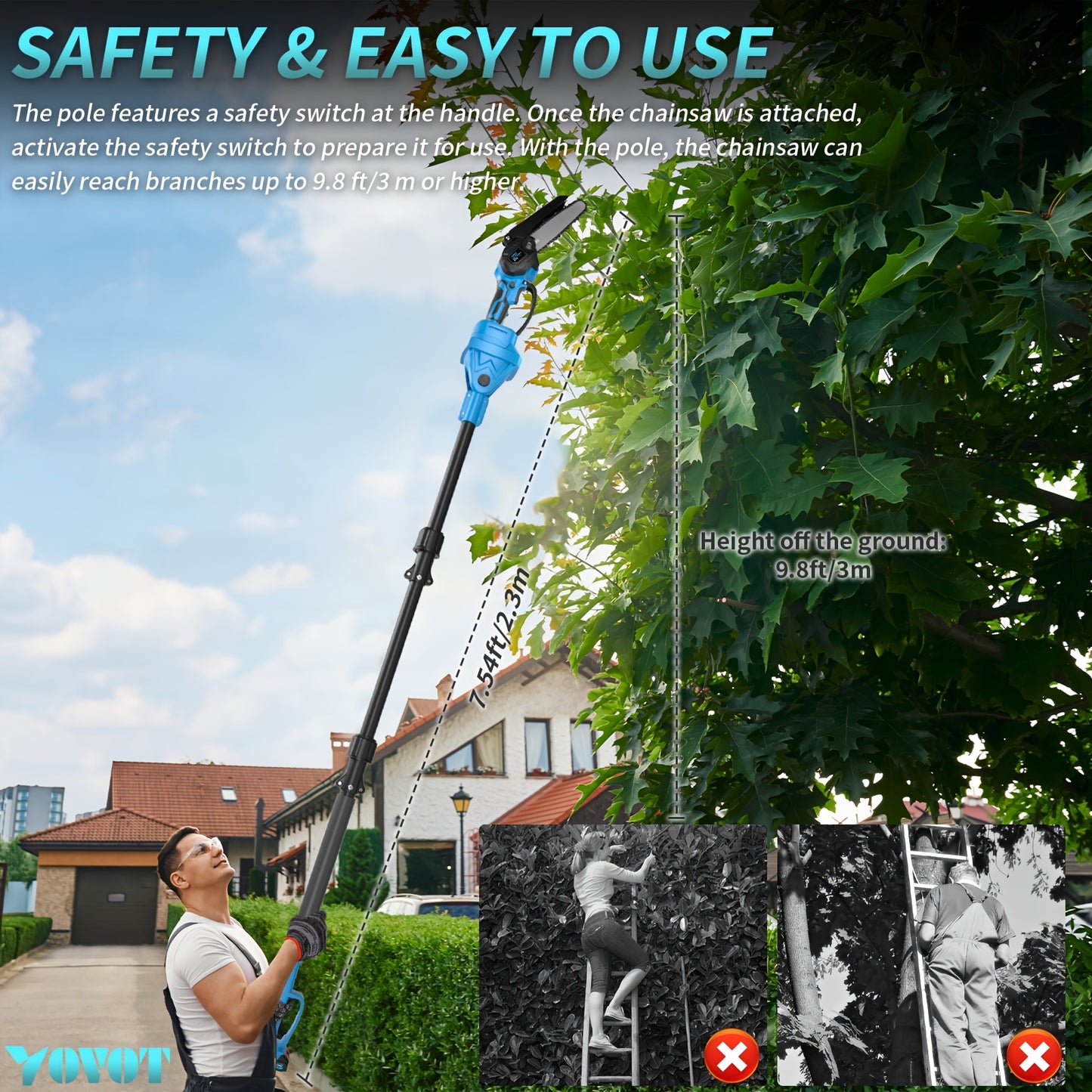 2-IN-1 Cordless Pole Saw & Mini Chainsaw, 6-inch Electric Chainsaw with 2pcs 21V 2.0Ah Lithium Batteries, 7.5-Feet MAX Reach Pole Saw for Branch Cutting, Mango Tree Prunning, Home/Garden/DIY/Farm Working, Camping