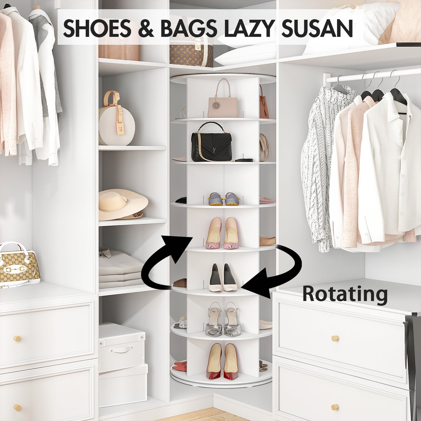 Advwin 7 Tier Rotating Shoe Rack Tower, 360° Revolving Shoe Display Rack, Free Standing Round Carousel Shoe Display Lazy Susan for Entryway Living Room Hallway, White
