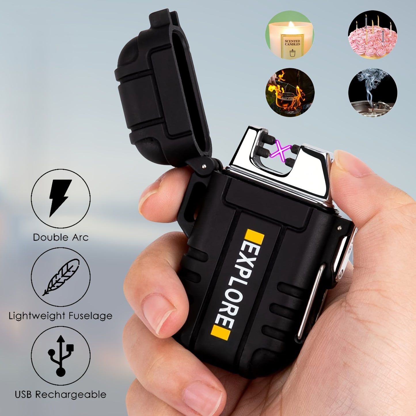 HEYMYTH Dual Arc Electric Plasma Lighter - USB Rechargeable & Flameless Windproof Lighter (1-Pack/2-Pack) - Survival Tactical Gear For Outdoor Camping, EDC - Fashion Design In Gift Box (Orange & Black