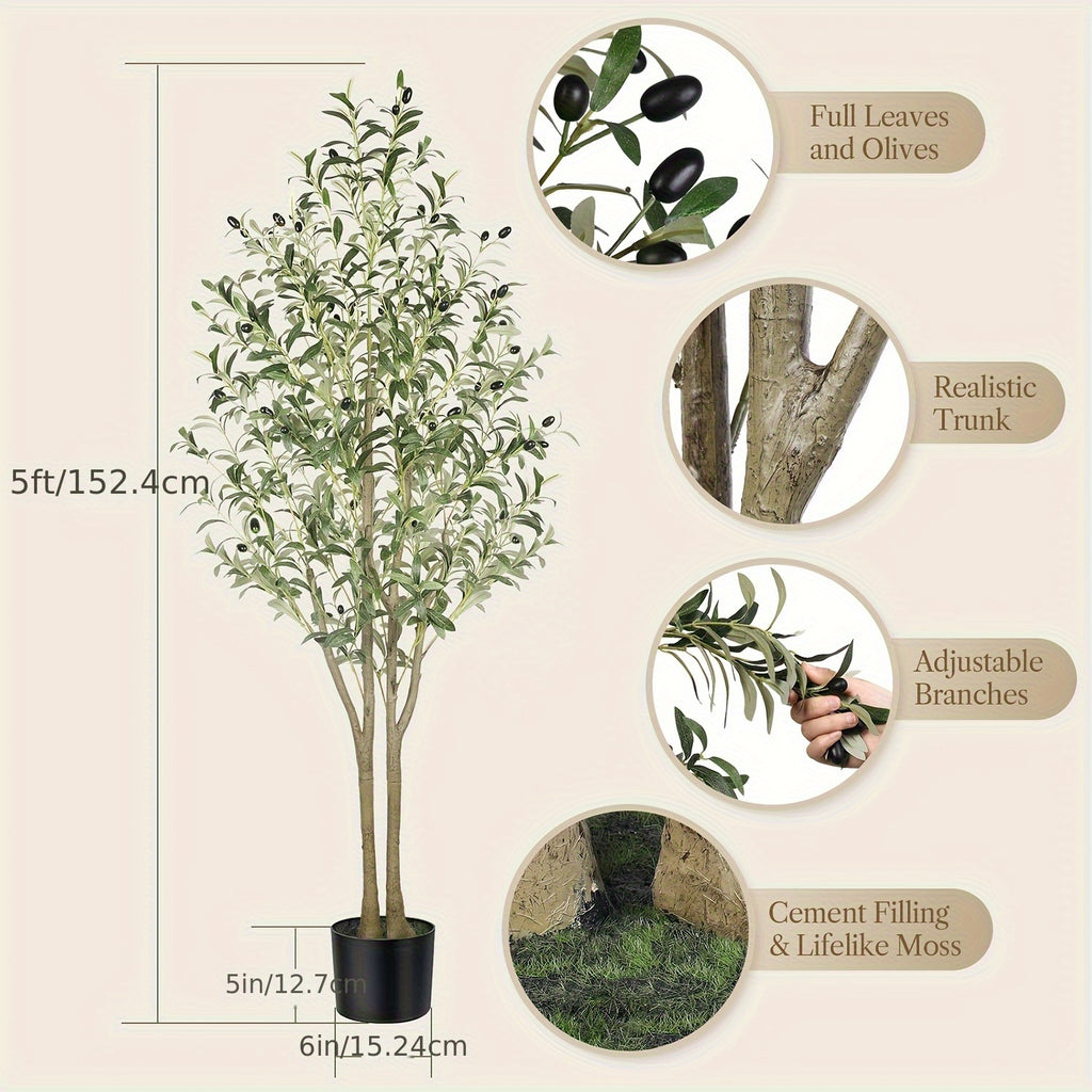 1.2/1.5/1.8/2.1m Artificial Olive Tree Faux Silk Plant, Thick Branches And Leaves, Indoor Fake Olive Tree with Natural Wood Trunk & Lifelike Fruits, Perfect for Modern Home Office And Living Room Floor Decor