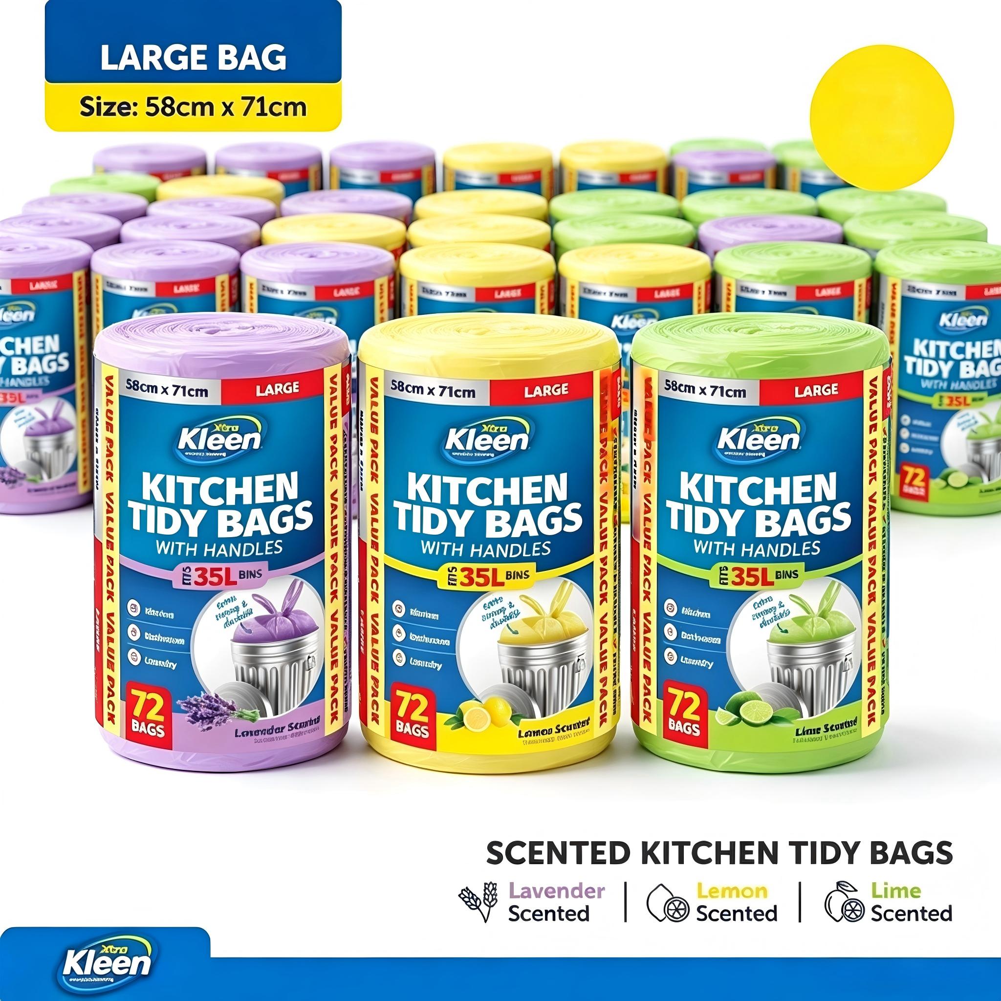one Rolls 72 pcs Scented Large Bin Liner Kitchen Tidy Garbage Bag with Handle 35L 58cm x 71cm Scented: Lavender or Lemon or Lime