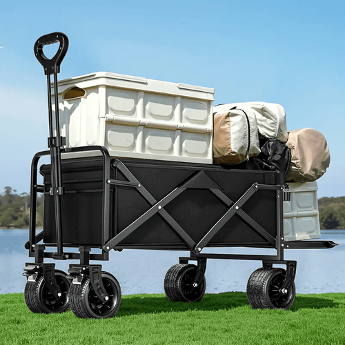 [Beach Cart Wagon] Sturdy 480LBS Beach Cart with Large Capacity | Versatile Folding Utility Wagon for All Terrains Featuring Big Wheels, Side Pocket, And Brakes | Made from Durable Oxford Fabric And Steel, Ideal for Camping, Gardening, Sports, And Shoppin