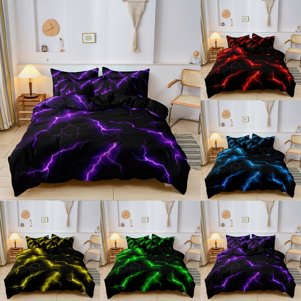 3pcs 2D Flat Purple/Blue/Green/ Red/Yellow Lightning Line Duvet Cover Bedding (1*Duvet Cover + 2*Pillowcase, Without Comforter & Pillow Insert), Soft Comfortable Duvet Cover, for Bedroom, Guest Room, Bedroom Decor, Queen/King Size Bed