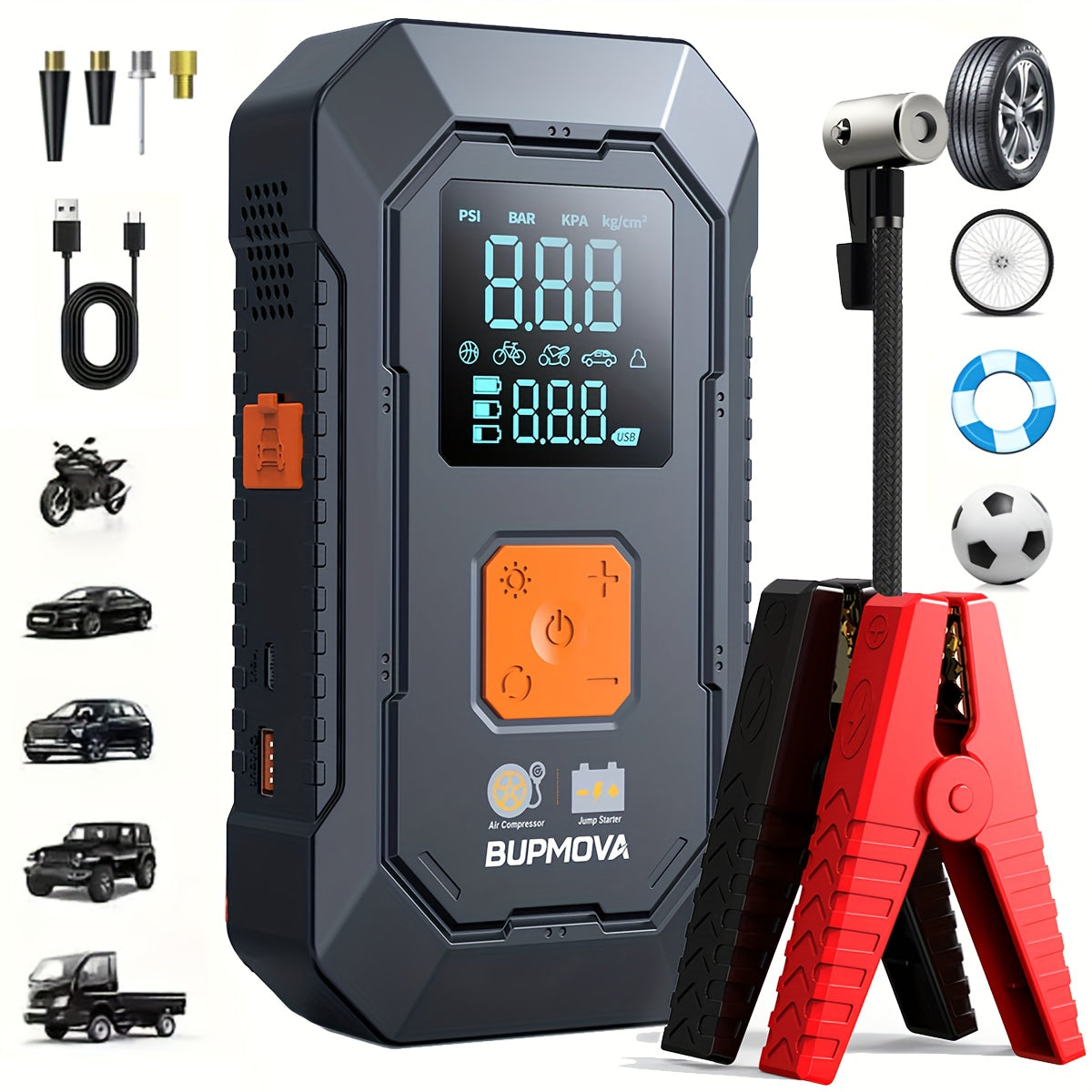 8000A Car Jump Starter with Air Compressor Cordless Tire Inflator, Battery Booster with Power Bank Pack & LED Flashlights, 12V Auto Jumper Box for All Gas Or 10.0L Diesel Vehicles