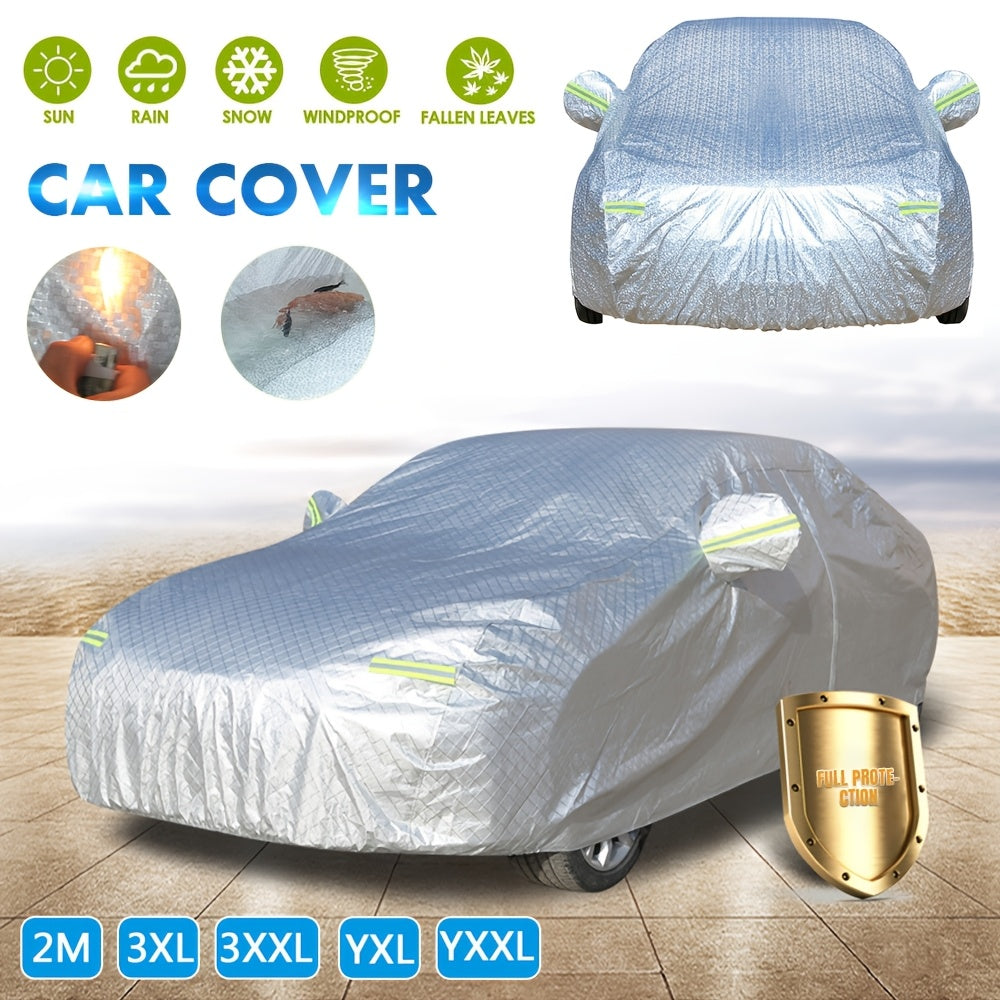 Car Cover AU03341 Heat Insulation and Rainproof Car Coat ￥; Color: Silver; Parameters: The Silvery fluorescent strip is green, with one more single needle machine process; Applicable size: 5.3*1.9*1.8m Material: Aluminum film + PEVA waterproof coating + s