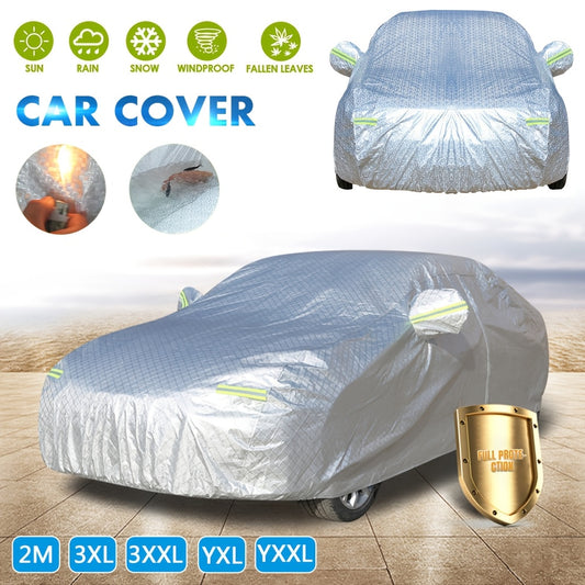 Car Cover AU03341 Heat Insulation and Rainproof Car Coat ￥; Color: Silver; Parameters: The Silvery fluorescent strip is green, with one more single needle machine process; Applicable size: 5.3*1.9*1.8m Material: Aluminum film + PEVA waterproof coating + s