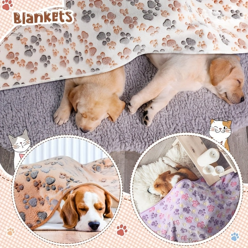 3pcs Fleece Pet Blanket Suitable for Dogs & Cats - Soft Warm Fluffy Bed Mat with Paw Print & T-Dot Heart Design, Cozy Bedding for Small Medium Dogs, Machine Washable Fleece Sleep Mat