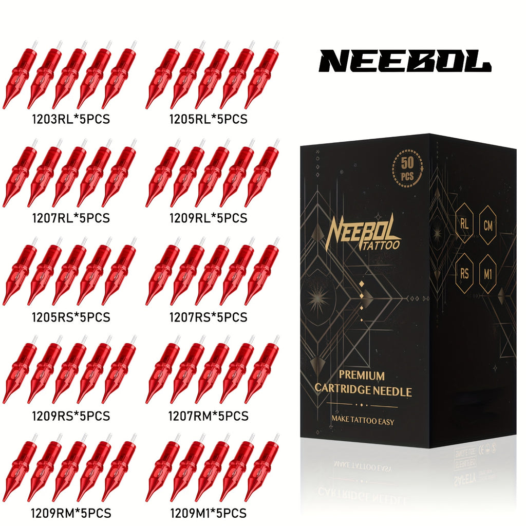 A Set of 50 Assorted Neebol Tattoo Cartridge Needles in Various Sizes, Including Round Liners And Shaders, Suitable for Tattoo Supplies And Equipment, Perfect for a Tattoo Gun Machine Kit Or As a Body Art Gift
