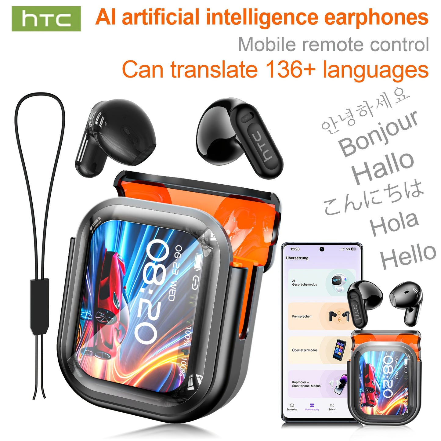 HTC NE20 Wireless Translation Earbuds, with 136+ Language Translation for Better Cross-Language Communication, Wireless V6.0 Low Latency, Active Noise Cancellation, Comfortable for Sleep, Wearable for Running, Office, and Entertainment, Language