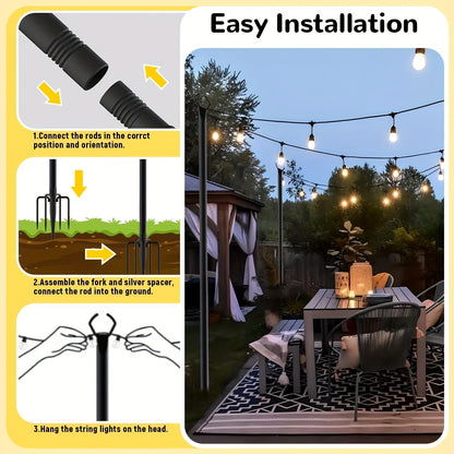 4 Pack 3.35 meter Heavy Duty Metal String Light Poles Adjustable Outdoor Lighting Stand For Patio, Backyard, Garden, Party & Wedding Rustproof & Sturdy With Hooks (Light String Not Included)