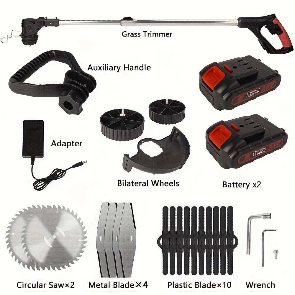 21V Battery-Powered Grass Trimmer And Edger with Wheels, Featuring 3 Types of Blades for Efficient Lawn Maintenance