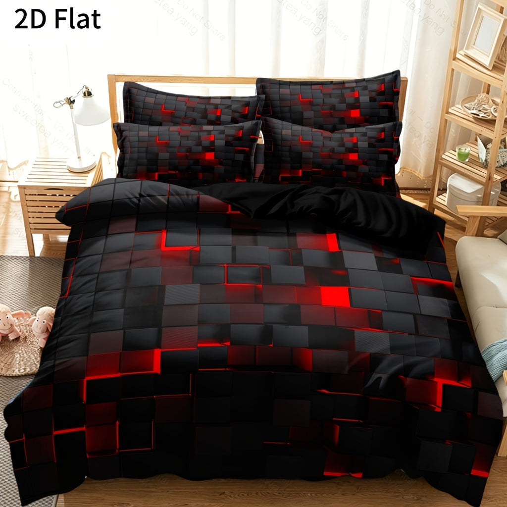3pcs Quilt Cover Set Fashion 2D Flat Grid Trend Square Plaid Geometric Print All Season Bedding, Soft Comfortable, for Bedroom, Guest Room, Bedroom Decorations, Queen/ King Size, Local Warehouse (1*Duvet Cover + 2*Pillowcase, Without Core)