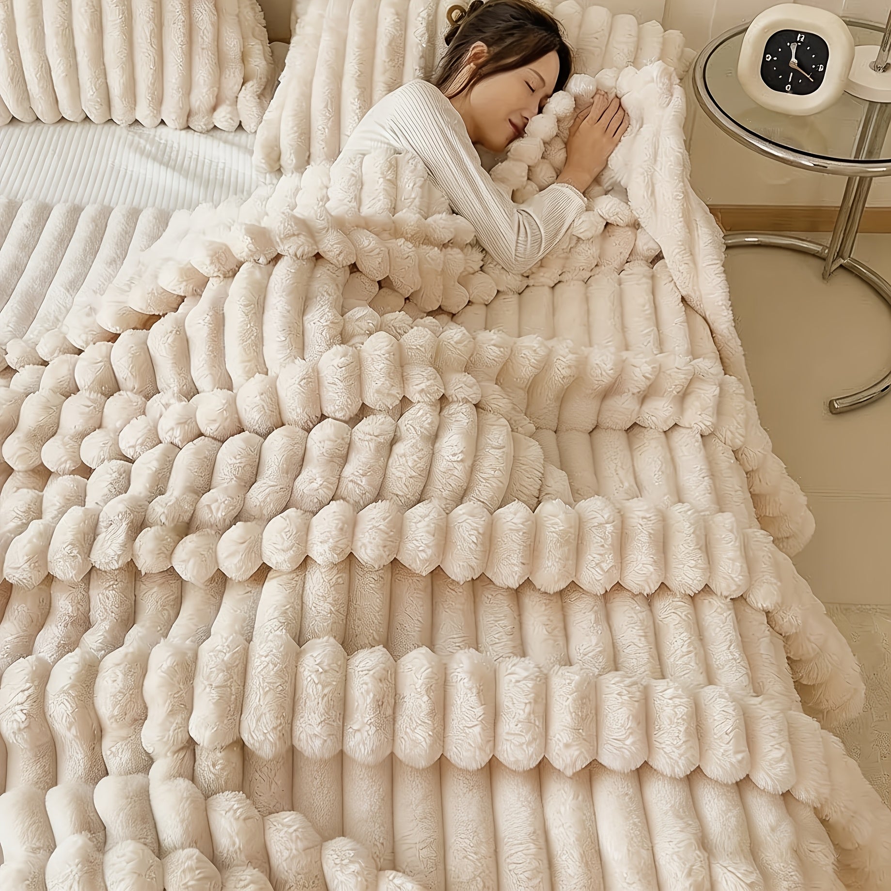 Ultra-Soft 3-D Ribbed Flannel Double-Sided Plush, Faux Rabbit Fur on Both Sides, Warm And Fluffy, Perfect for Napping Or Air Conditioning Blanket, Ideal for Office And Camping Use, a Versatile Gift, Cozy Plush Texture for All Seasons