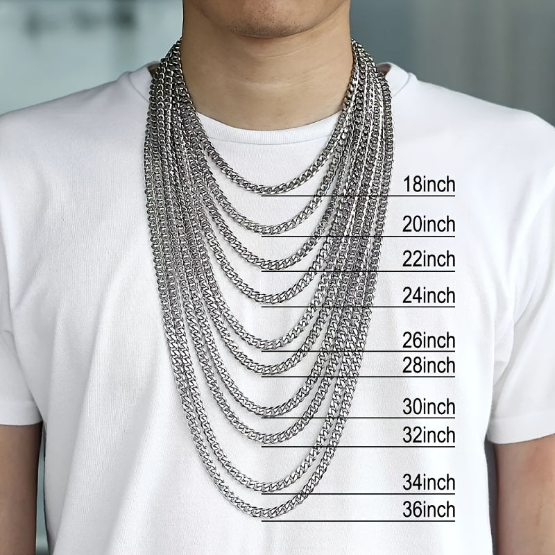 A Stylish And Attractive Necklace Made of Stainless Steel, Featuring a Cuban Curb Chain Design, Available in Lengths from 16 to 76.2 cm And Widths of 3, 5, 7, 9, Or 11 Mm, Suitable for Men