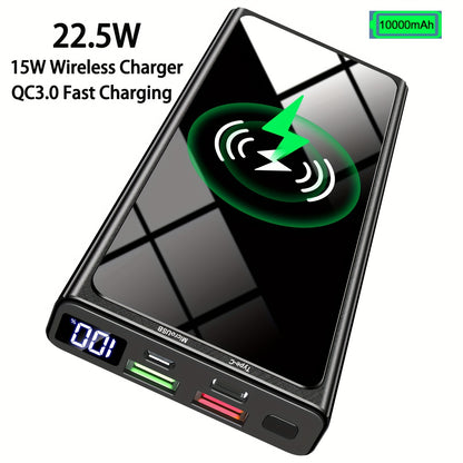 Wireless Power Bank, 10000Mah Portable Charger PD20W QC3.0 15W Wireless Charging LED Display, External Battery Pack, 2 Inputs And 4 Outputs(Qi & USB C) for Iphone Samsung Huawei Ipad Headset Etc