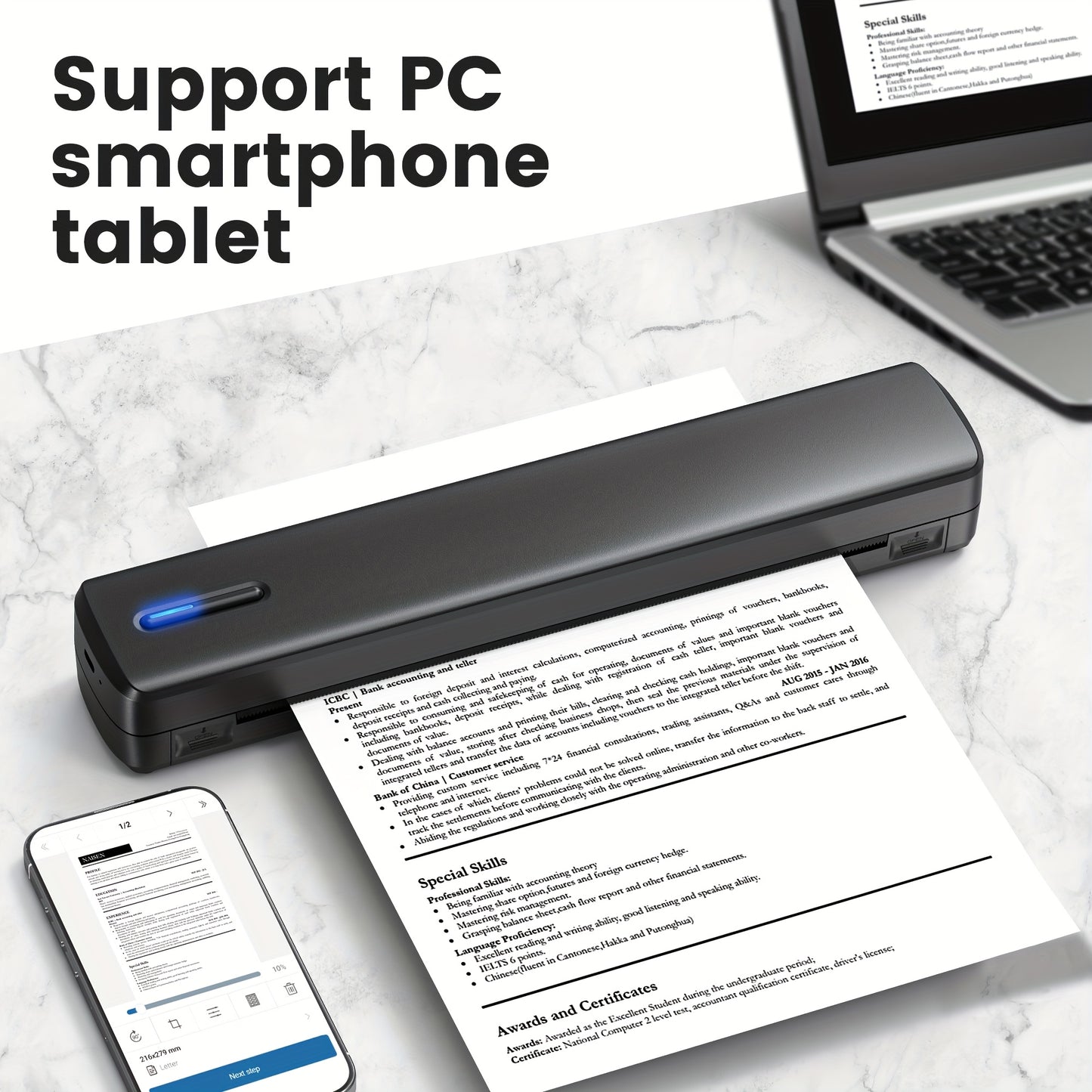 Portable Wireless Inkless Thermal Printer D810 - Compact Mobile Printer with Wireless for iOS/Android/- Devices, Compatible with Smartphones, Tablets, Laptops, -Charged Thermal Paper Printer (Letter/A4)