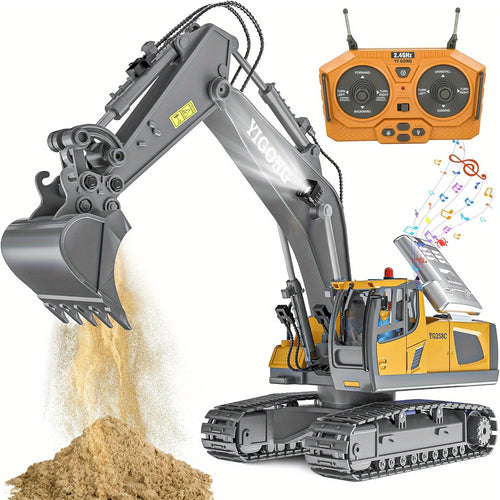 Remote Control Excavator Toy, Rechargeable 11 Channel 2.4Ghz RC Construction Vehicles with Metal Shovel for Kids, 680° Rotation with Lights and Sound- 1/20 Scale Digger for Boys 6-12