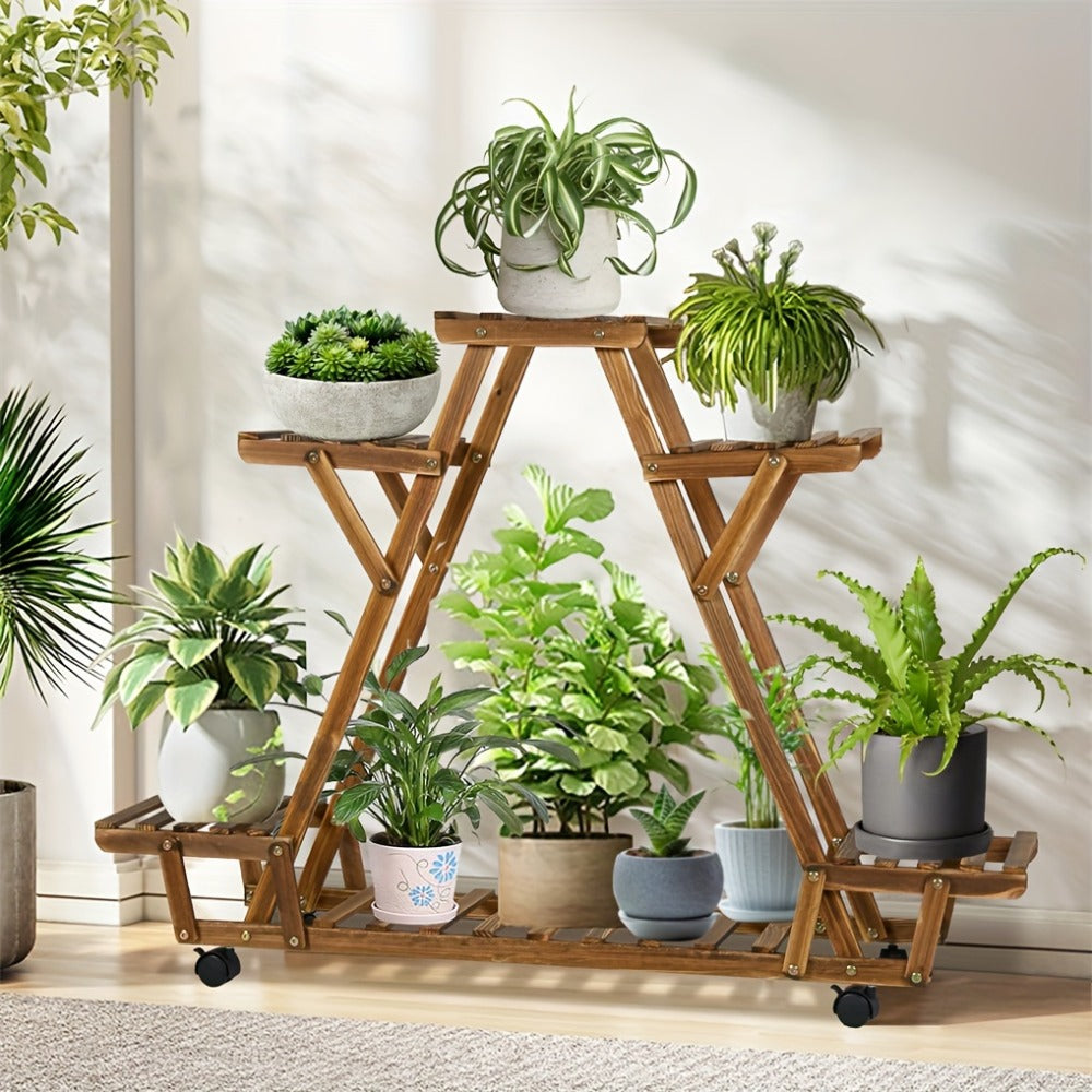 6-Tier Rolling Plant Stand – Carbonised Wood Pot Display for Patio – alternate design view