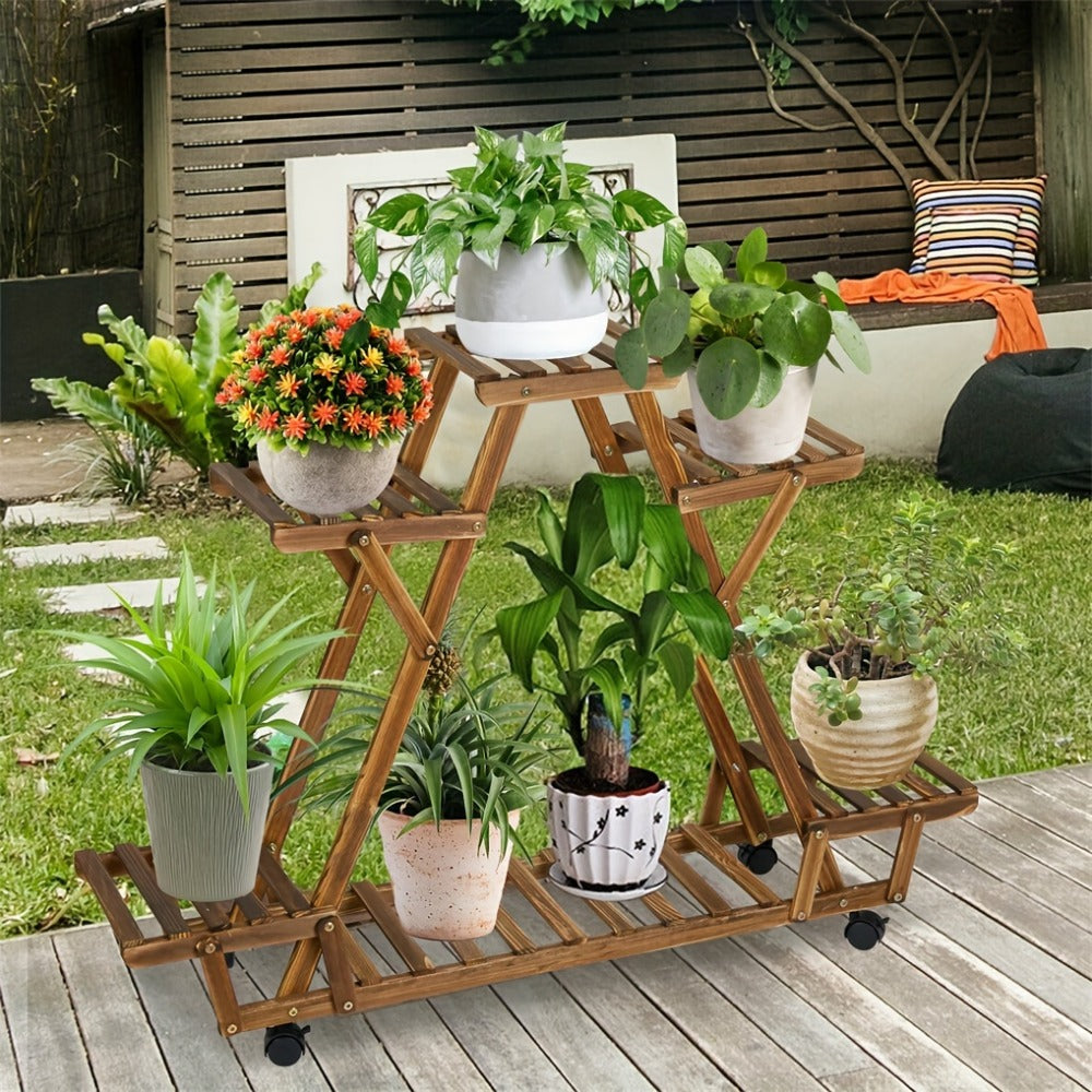 6-Tier Rolling Plant Stand – Carbonised Wood Pot Display for Patio – alternate product view