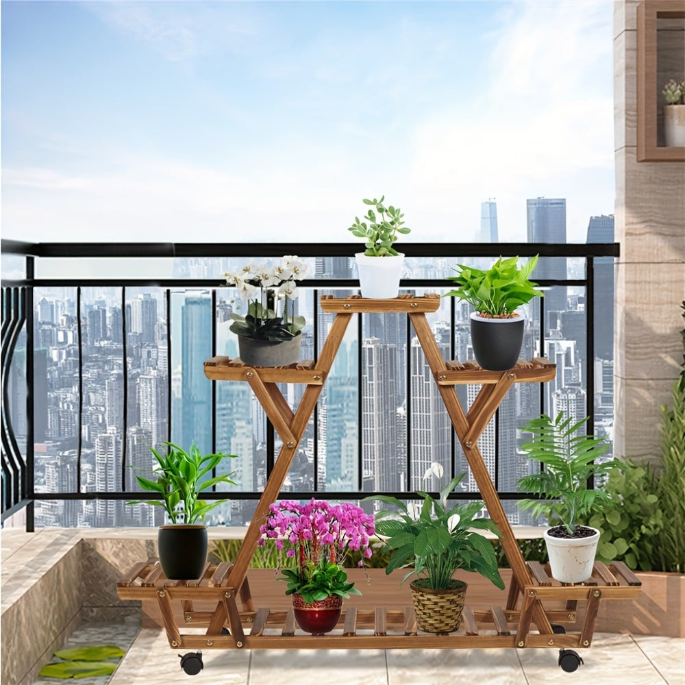 6-Tier Rolling Plant Stand – Carbonised Wood Pot Display for Patio – product detail angle
