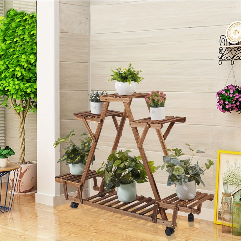 6-Tier Rolling Plant Stand – Carbonised Wood Pot Display for Patio – additional product view 9
