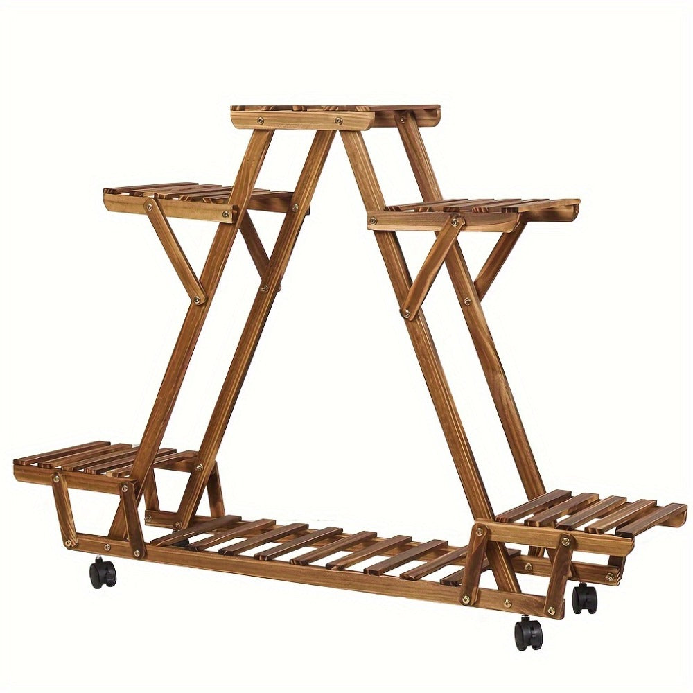 6-Tier Rolling Plant Stand – Carbonised Wood Pot Display for Patio – close-up product details