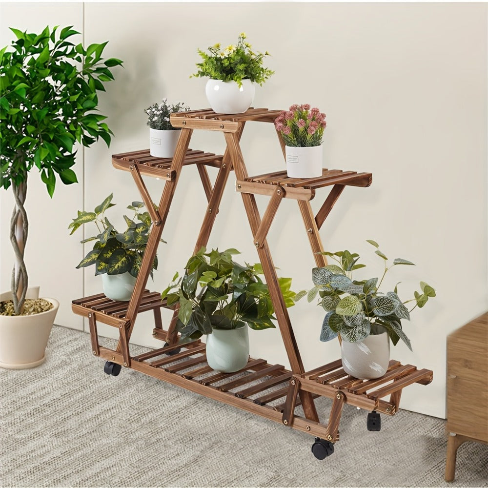 6-Tier Rolling Plant Stand – Carbonised Wood Pot Display for Patio – feature reference