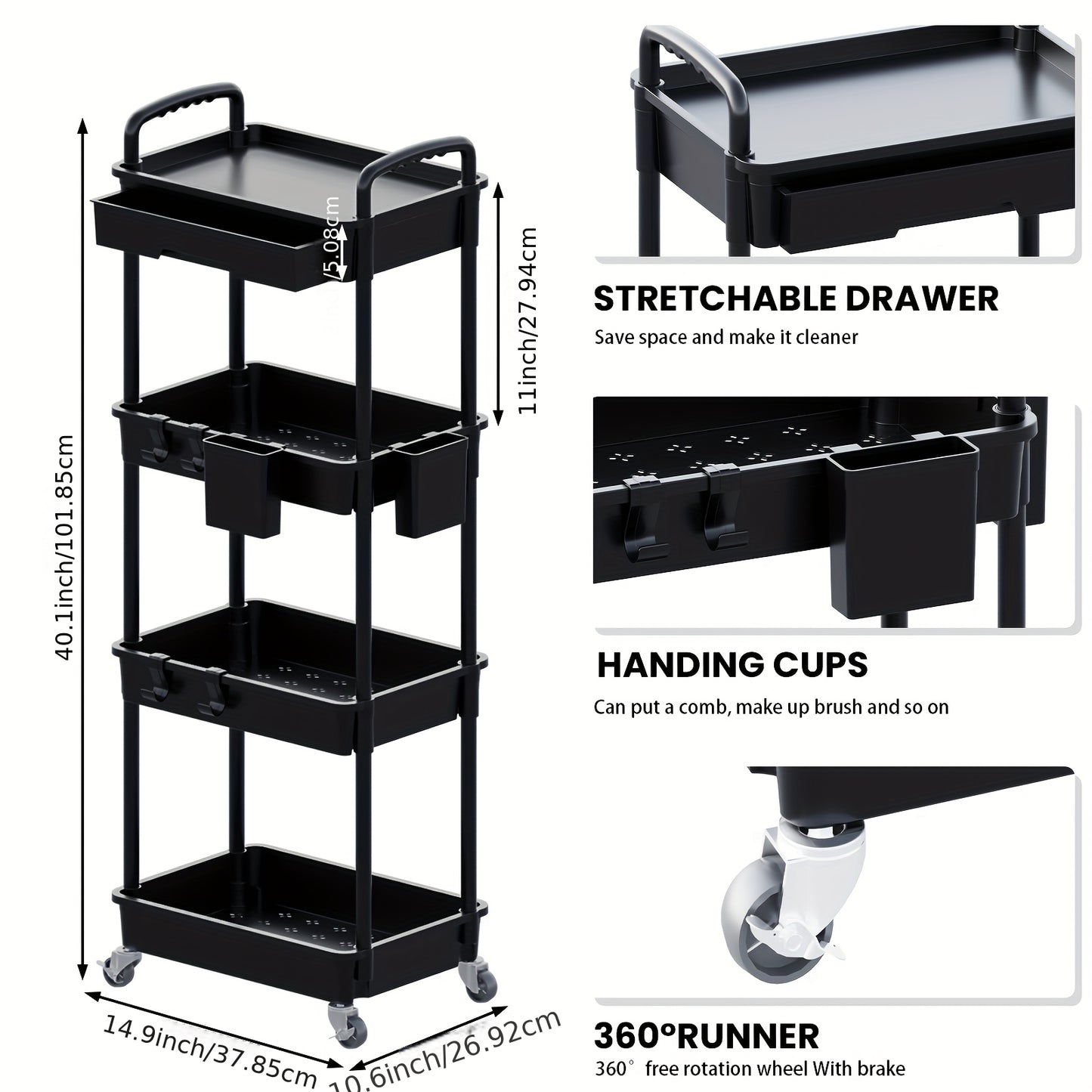 3 Tier/4 TierMultifunctional Rolling Cart With Drawer, Durable Plastic Rolling Cart- With Drawers And Lockable Wheels, Includes Practical Accessories Like Cup Holders And Hooks - Easy Assembly Storage Cart, For Kitchen, Bathroom, Living Room
