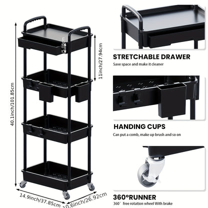 3 Tier/4 TierMultifunctional Rolling Cart With Drawer, Durable Plastic Rolling Cart- With Drawers And Lockable Wheels, Includes Practical Accessories Like Cup Holders And Hooks - Easy Assembly Storage Cart, For Kitchen, Bathroom, Living Room