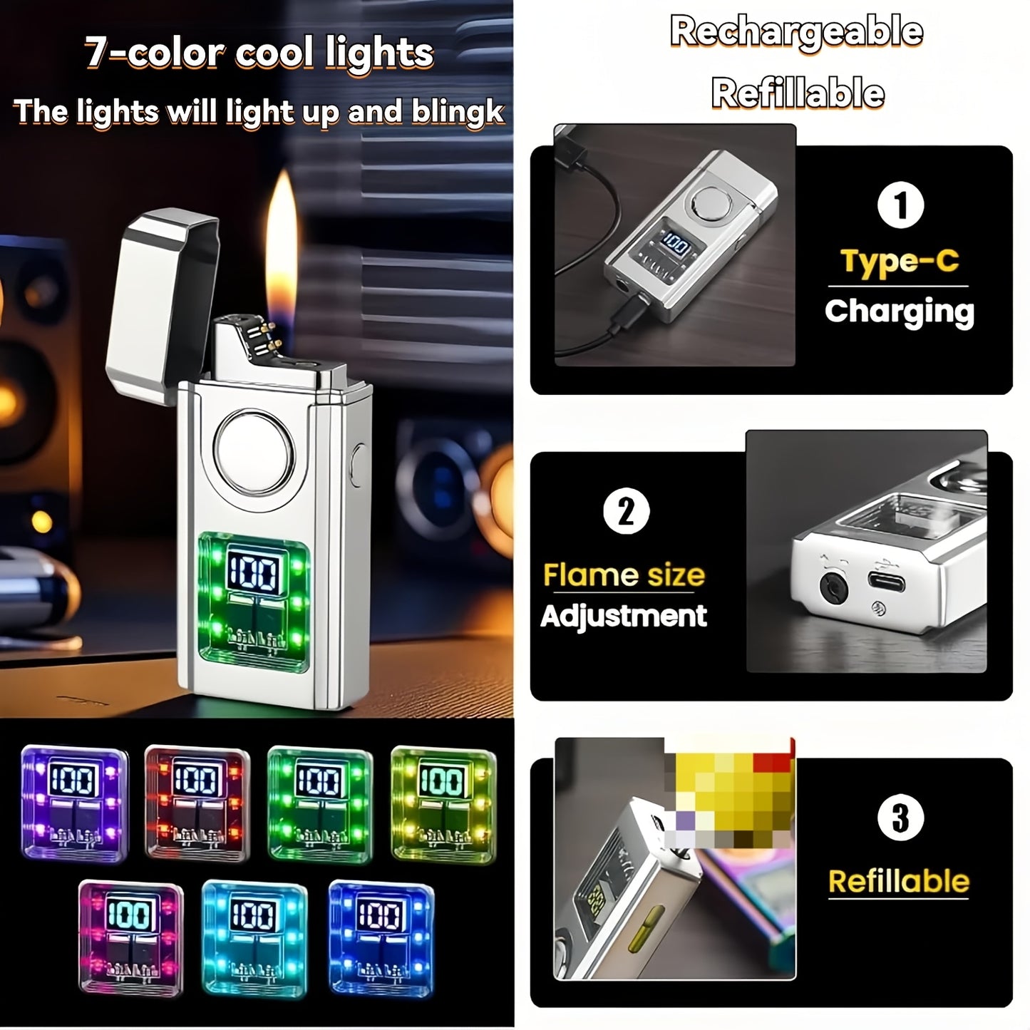 Three-flame Windproof Dual-Jet Flame Lighter, Inflatable Lighter With Electric Charge Display, Voice Controlled, And Capable Of Shaking Ignition, Direct Fire, Double Arc, Suitable For Outdoor Camping And Daily Use, The Ideal Gift Choice For Men