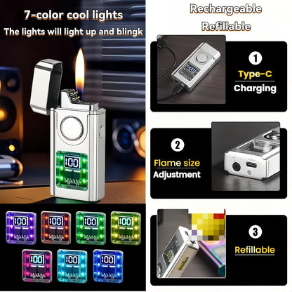 Three-flame Windproof Dual-Jet Flame Lighter, Inflatable Lighter With Electric Charge Display, Voice Controlled, And Capable Of Shaking Ignition, Direct Fire, Double Arc, Suitable For Outdoor Camping And Daily Use, The Ideal Gift Choice For Men