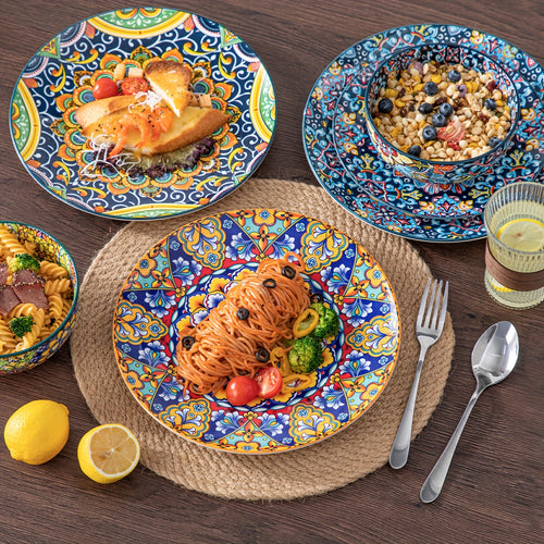 12pcs Dinner Set Stoneware Bohemian Style Tableware with Dinner Plate Dessert Plate Cereal Bowls Service for 4