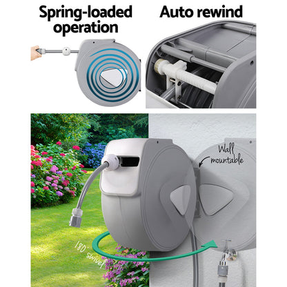 Water Hose Reel 20M Retractable Auto Rewind Spray Gun Garden