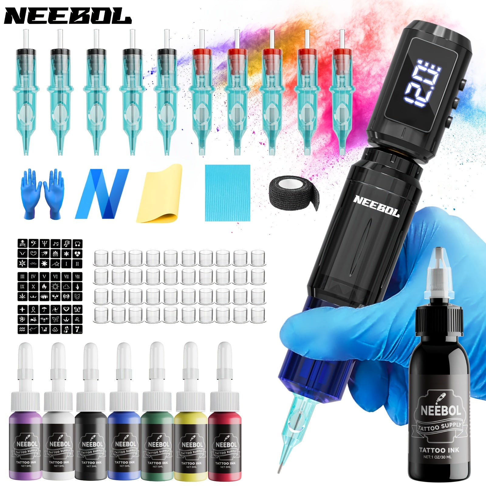 Neebol Wireless Tattoo Machine Kit Complete, Rotary Tattoo Gun, 6 Hour Battery Life, Cordless Tattoo Pen, 10 Cartridge Needles, 7 Ink, Extra Black Ink, Full Tattoo Supply Equipment for Beginners And Artists, Body Art Makeup Easter Gifts