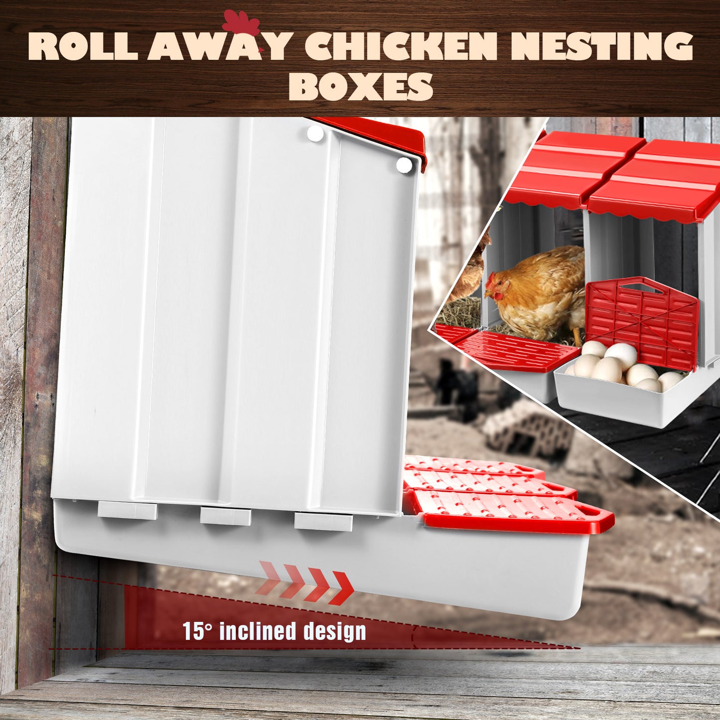 Maxkon Chicken Nesting Box 4 Hole Chook Hen Poultry Roll Away Out Laying Boxes Inside Outside Hutch Modular House Coop Egg Nest Lay Perch Brooder Plastic
