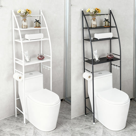 3-Tier Over Toilet Rack Bathroom Organizer Laundry Washing Machine Steel Storage Shelf Towel Accessories Hook Paper Roll Holder White Black, Shelves