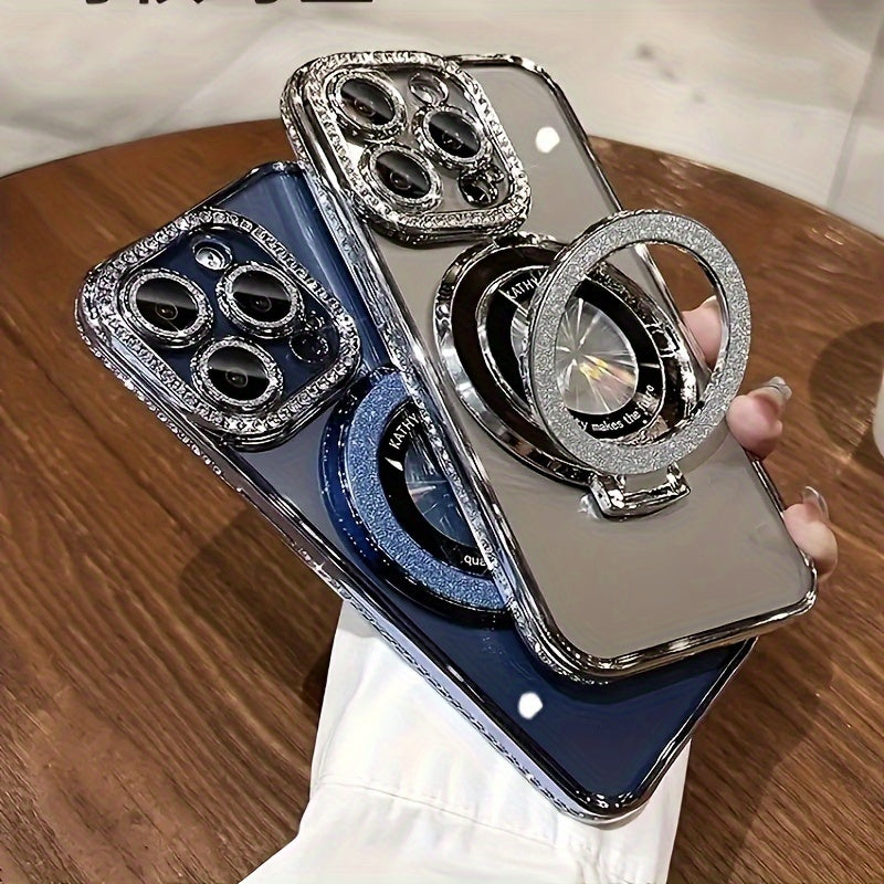Phone Case - Magnetic Plated Phone Case with a Luxurious Glitter Ring Bracket for Iphone 11 to 16 Pro Max And Plus, Featuring a Kickstand, Shockproof Design, Soft Back Cover, And Support for Wireless Charging
