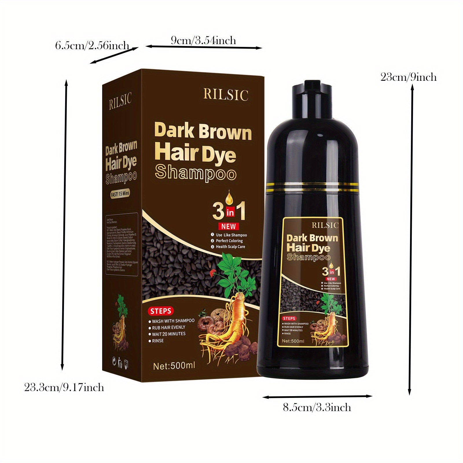 RILSIC 1pc Black Hair Dye Shampoo 3 IN 1, 100% Grey Hair Coverage, Natural Herbal Ingredients Hair Dye Coloring in Minutes, Long Lasting-Safe And Easy to Use, Gifts for Women And Men 500Ml
