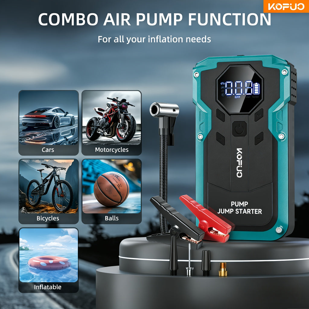 KOPUO 6000A/7000A Jump Starter Optional 10000A Peak 12V Car Jump Starter With Air Compressor, Heavy Duty Jump Starter Battery Pack With 150PSI Portable Tyre Inflator, Battery Booster Power Bank With LCD Display And LED Light
