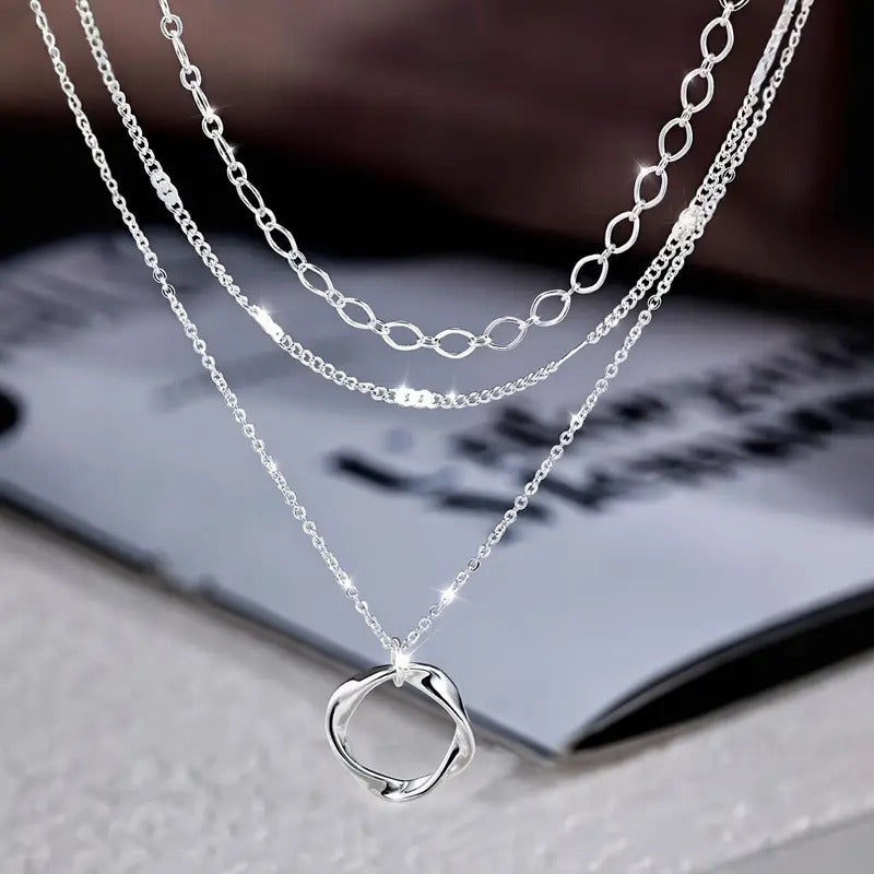 925 Sterling Silver Layered Necklace - Stylish Round Pendant Design, Ideal for Parties, Vacations, And Gifting