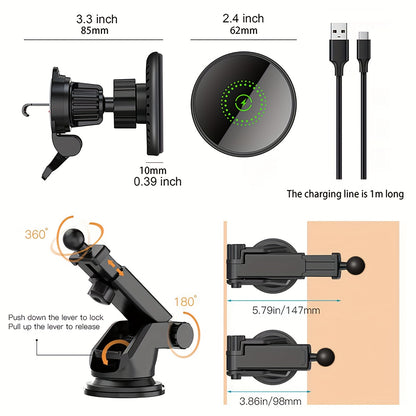 2in 1 Magnetic Car Mount Charger, Magnet Car Phone Holder Mount Only for iPhone 16 15 14 13 12 Series, Vent/Dashboard Charging Suction Cup Phone Mount Holder