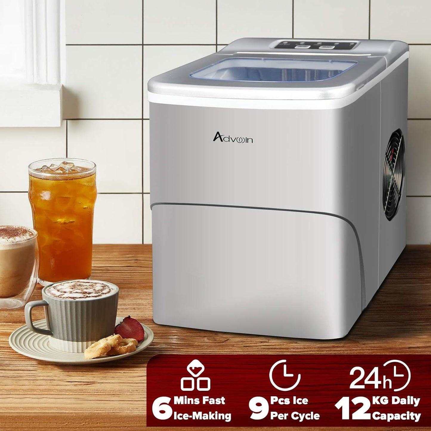 Advwin Countertop Ice Maker Machine, Portable Bullet Ice Maker with Self Cleaning, 7 Ice Cubes in 6-8 Mins, 2 Ice Sizes, Ice Machine for Home Kitchen Office Bar