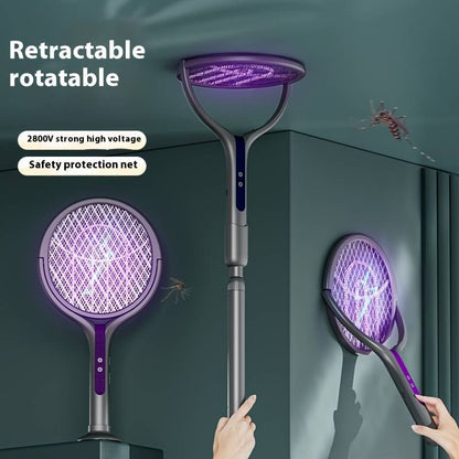 Multi-Functional Retractable Electric Mosquito Swatter, USB Foldable Fly Zapper with Rotating Head for Versatile Use, Ideal for Flies and Insects, Perfect for Summer Nights, Includes Purple Bug Light, Suitable for Indoor Home, Office, Backyard, and Campin