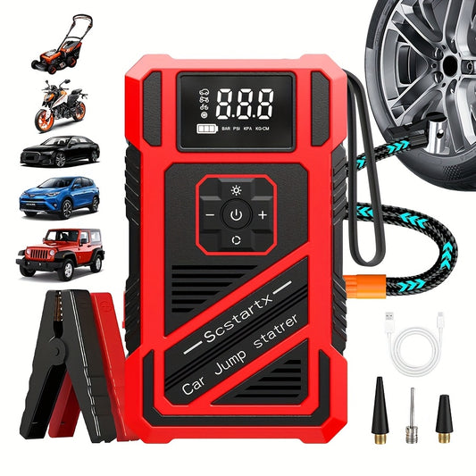 Car Jump Starter with 150PSI Tyre Inflator & 12V Battery Clamps. Fits 8.5L Petrol & 7.0L Diesel Engines. Features an LED Emergency Spotlight & Quick-Charge USB Port for Mobile Devices. Perfect for Cars, Motorbikes, Boats
