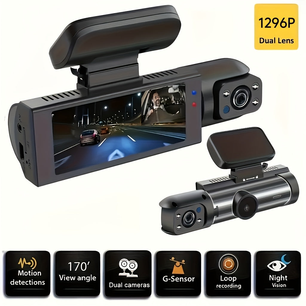 1296P Dual Camera, Vehicle Dash Cam for Automobiles, Front And Interior, Car Camera Featuring IR Night Vision, Loop Recording, Wide Angle Car DVR with 8.03 cm IPS Display, Dual Lens Car Dashboard Video Recorder, And Triple-Recording Dash Cam