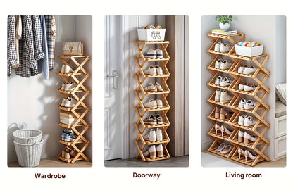 Adjustable Folding Bamboo Shoe Rack, Space-saving 8-tier Shoe Rack Ideal for Compact Spaces, Features An Expandable Design Requiring No Assembly, Natural Wood Finish, Perfect for Home And Office Shoe Storage Organizer, Spacesaving Furniture, Sleek