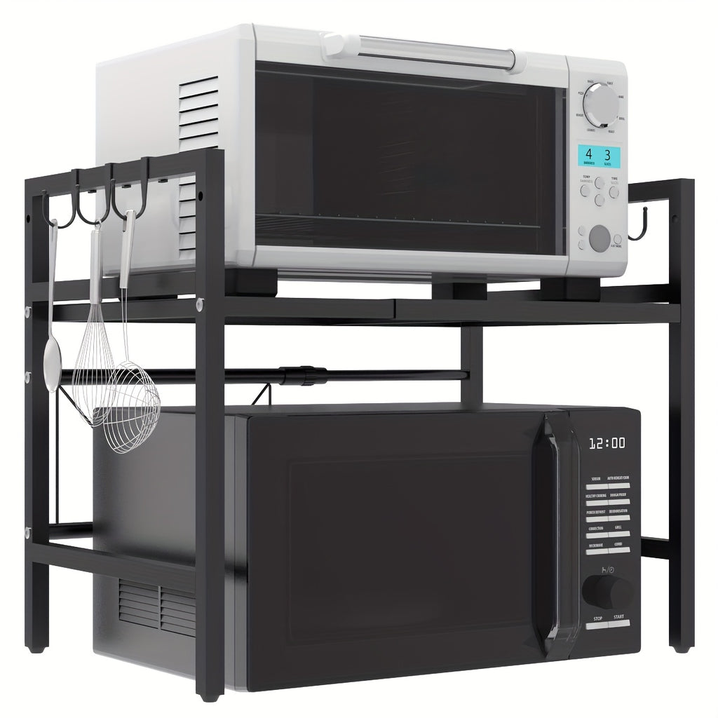 Heavy-Duty Adjustable 2-Tier Kitchen Rack - Space-Saving Carbon Steel Countertop Organizer for Microwave, Oven, Utensils & Cookware, Sturdy Black Shelf with Hooks & Spice Containers for Small Kitchens, Kitchen Storage Solution | Twotier Shelf | Durable Ki