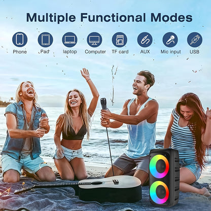 Recently Enhanced 5000W Wireless Speaker with a Wireless Subwoofer, Ideal for Festival Portability. It Features a Built-In Wired Microphone, Seven Lighting Modes, Wireless 5.0, Dual 3-Inch Woofers, a 1200Mah Battery, And TF Card Support