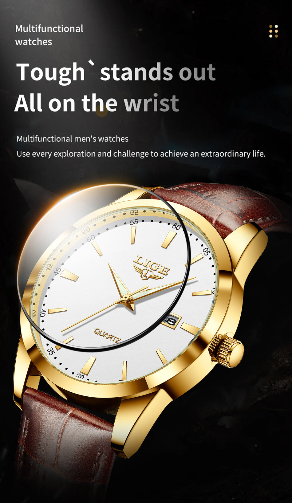 LIGE Fashion Brown Faux Leather Watch for Men, Sports Quartz Wristwatch, Casual Chronograph